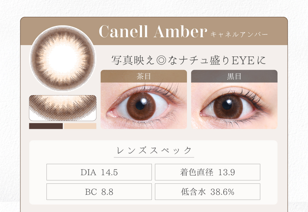 1DAYナチュラルタイプカラコン「Canell Amber（キャネルアンバー）」のレンズ紹介