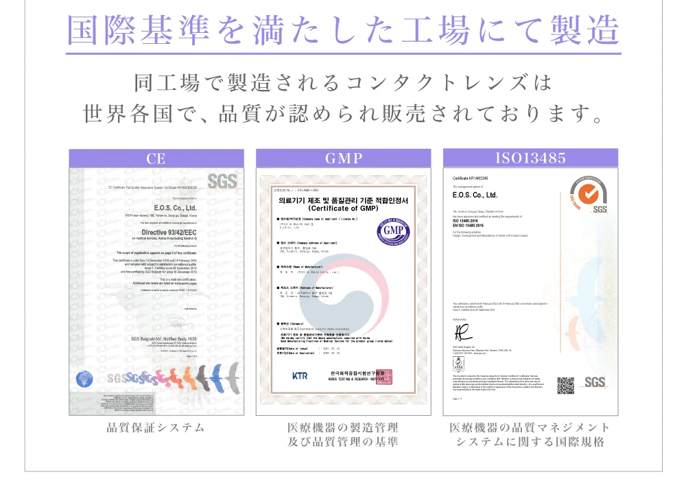 国際基準を満たした工場にて製造)同工場で製造されるコンタクトレンズは世界各国で、品質が認められ販売されております。