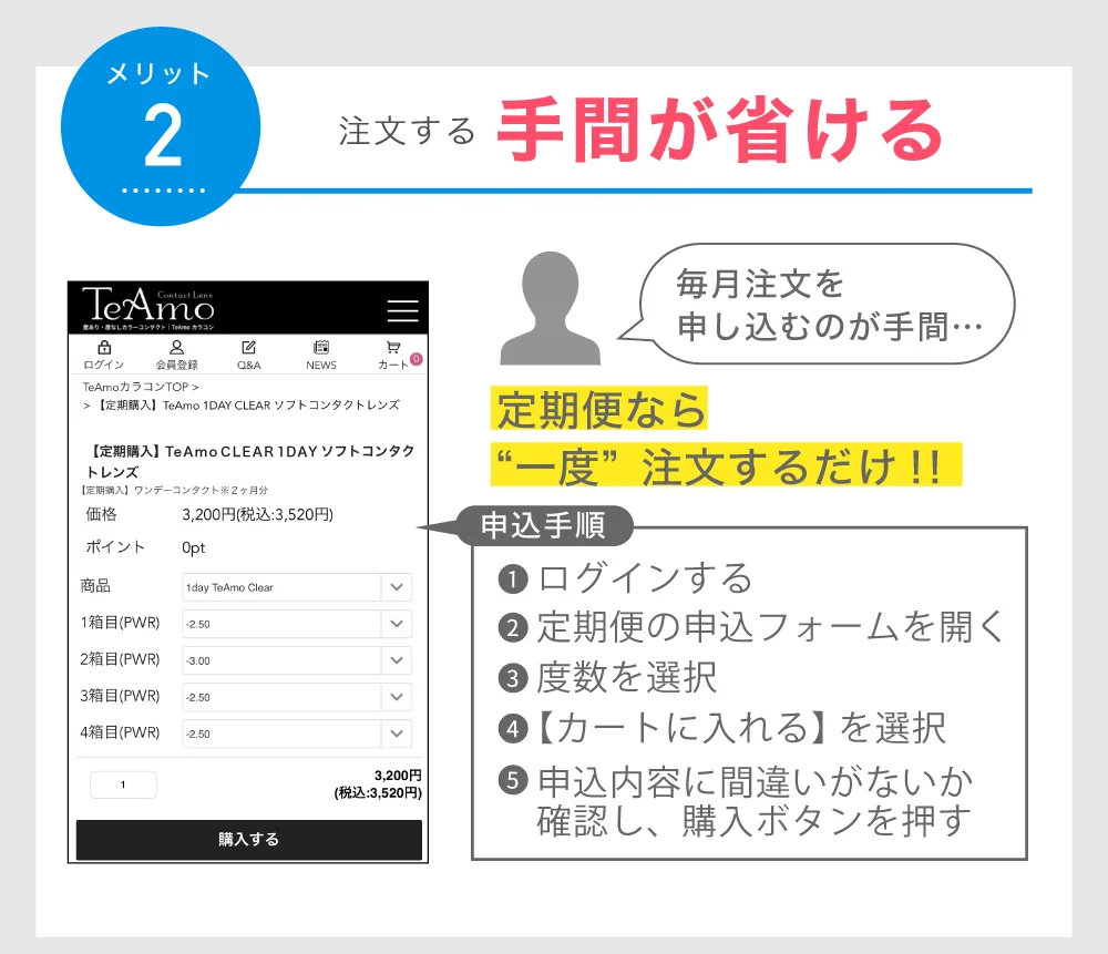 「TeAmo CLEAR 1DAY 低含水 定期便」注文する手間が省ける