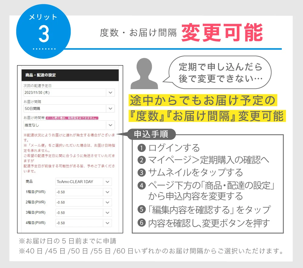 「TeAmo CLEAR 1DAY 低含水 定期便」注文内容変更可能