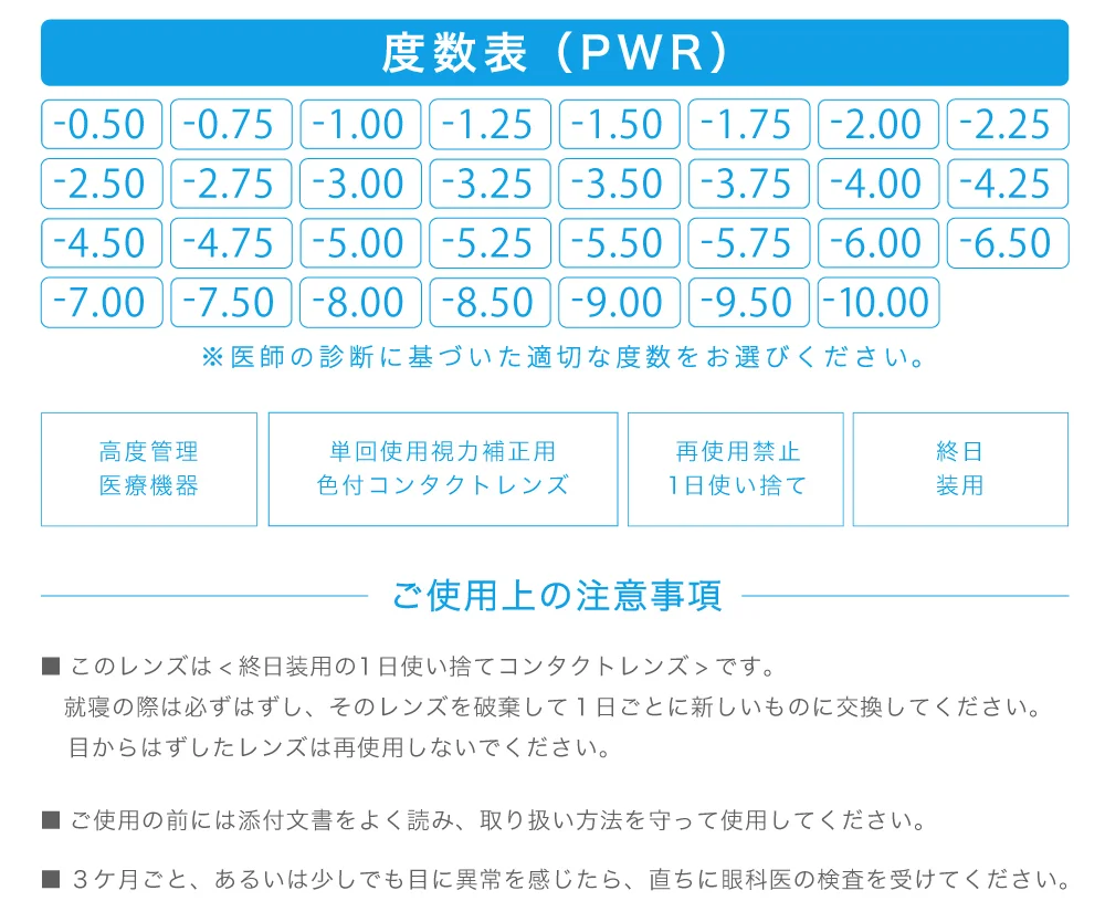 「TeAmo CLEAR 1DAY 低含水 定期便」度数表（PWR）※医師の診断に基づいた適切な度数をお選びください。