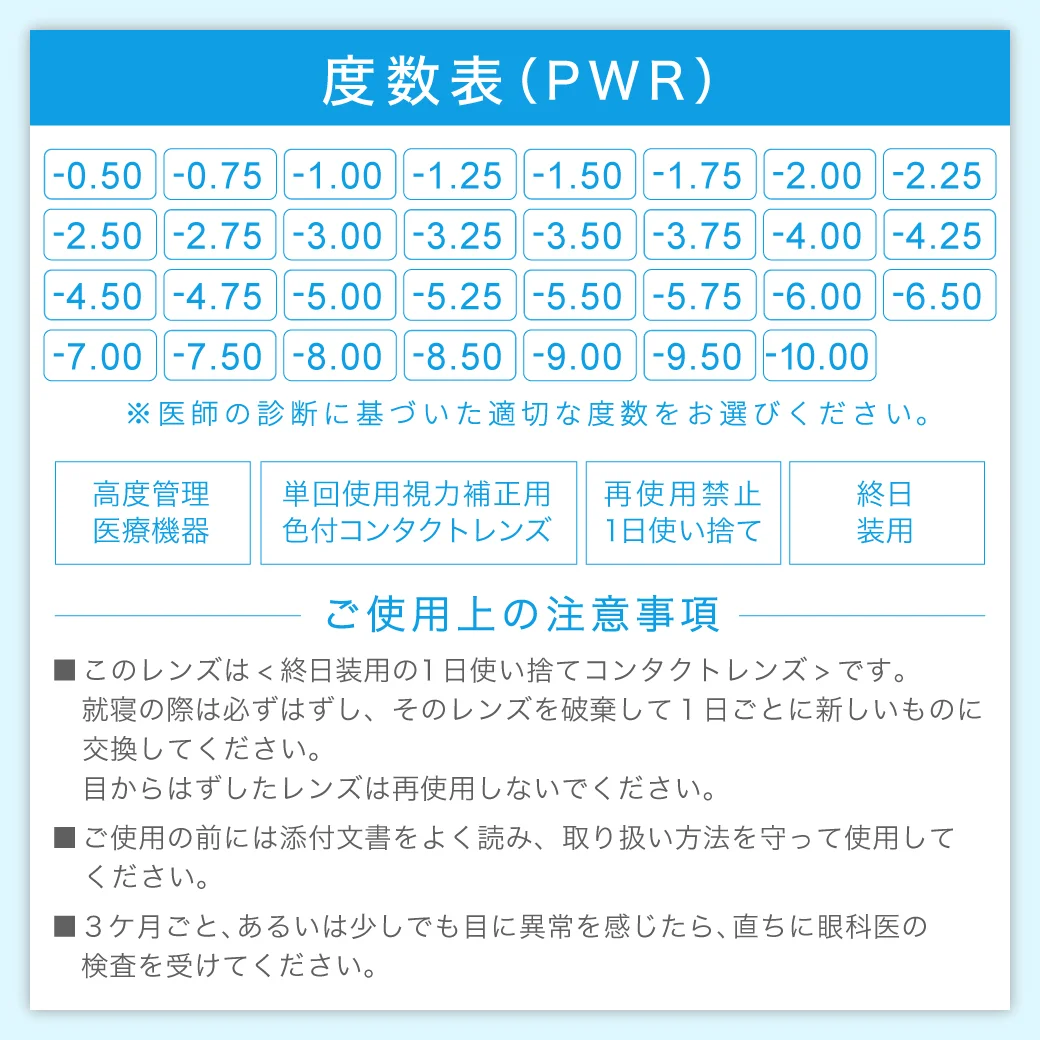 TeAmo CLEAR 1DAY（低含水） 度数表 ご使用上の注意事項