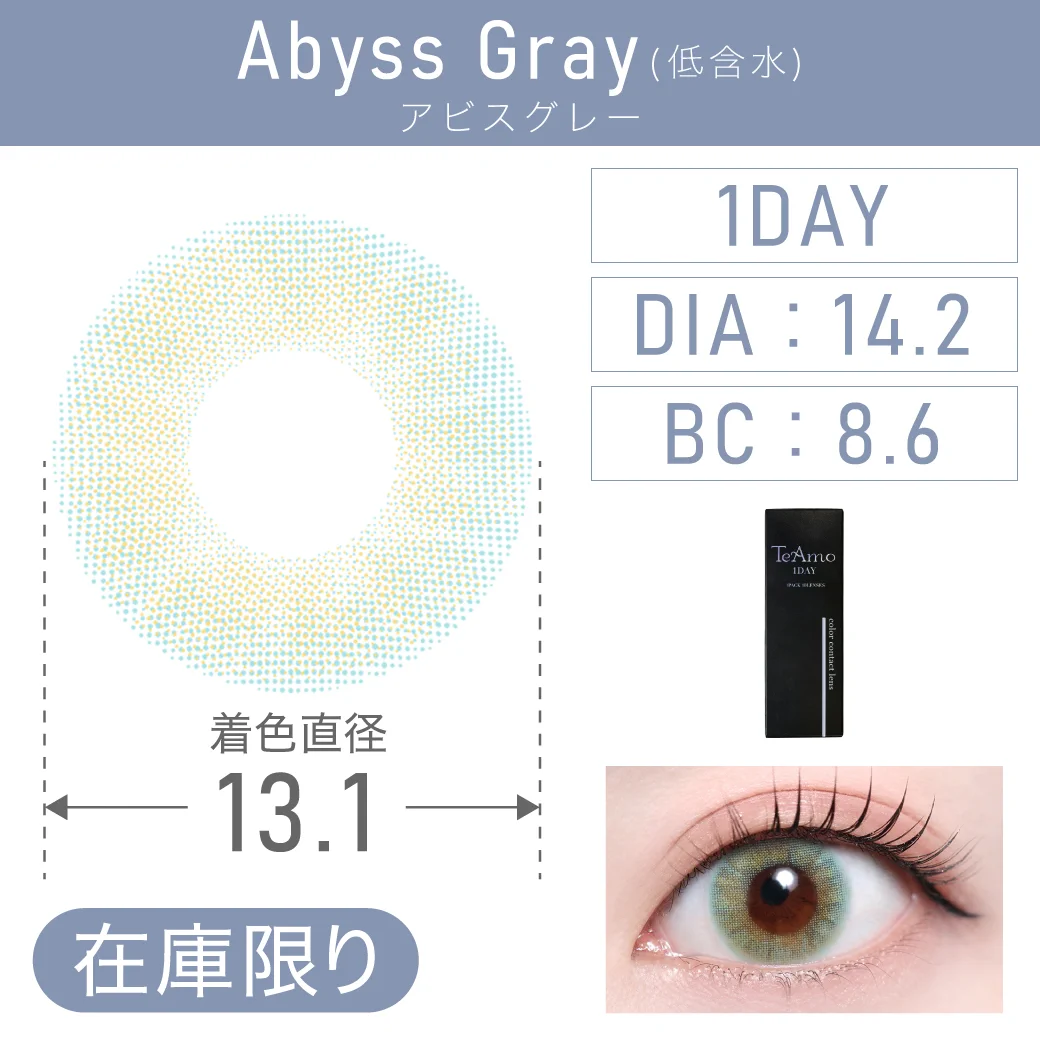 度あり・度なし Abyss Gray アビスグレー1DAY 1箱10枚入り DIA14.2mm BC8.6mm 着色直径13.1mm 含水率38％｜カラコン ワンデー