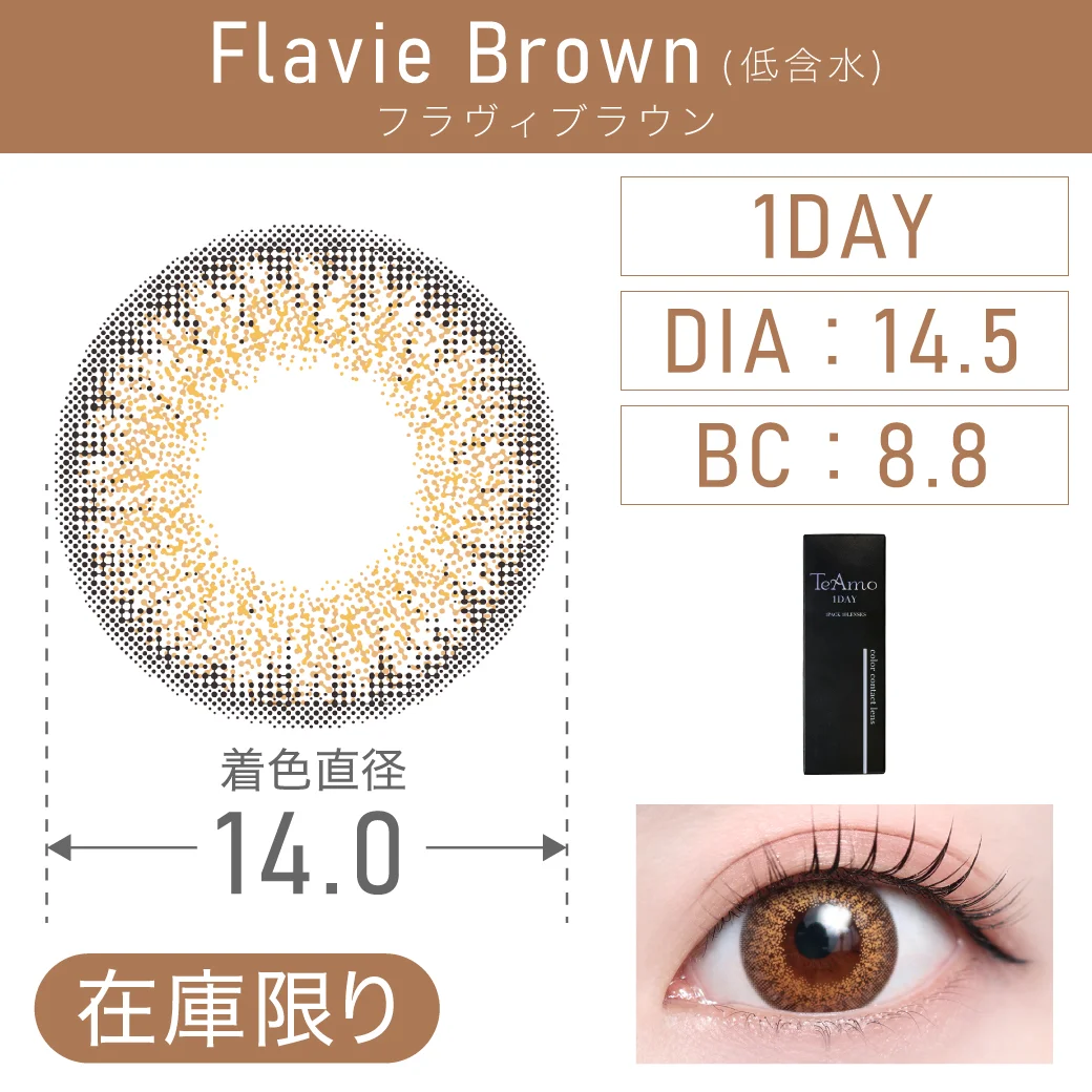 度あり・なし FlavieBrown フラヴィブラウン 1DAY 1箱10枚入り DIA14.5mm BC8.8mm 着色直径14.0mm 含水率38％｜カラコン ワンデー