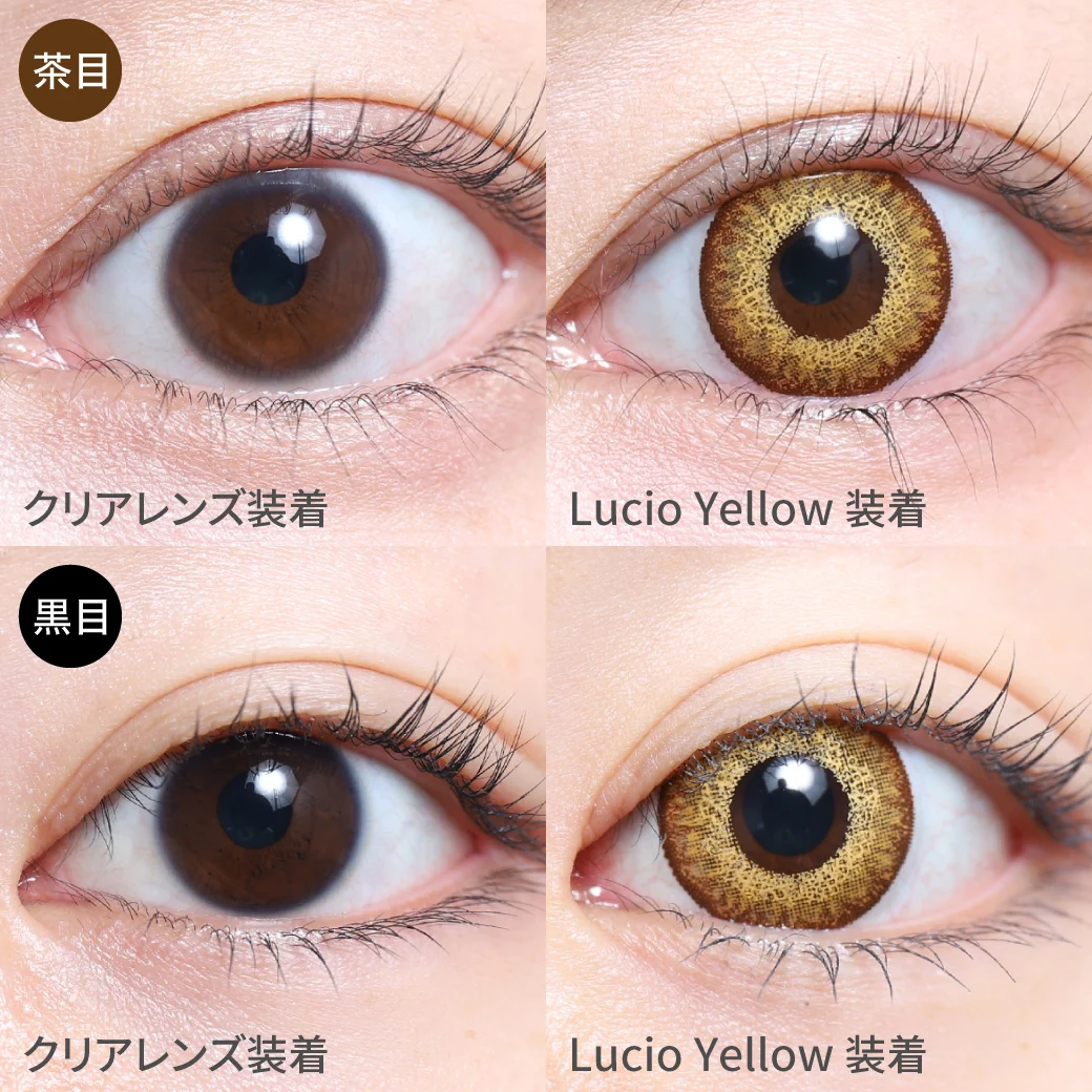 度あり・度なし Lucio Yellow ルチオイエロー茶目黒目着用画像 暖色系のカラーリングで高発色なのにメイクに合わせやすいコスプレ向けカラコン。｜カラコン ワンデー