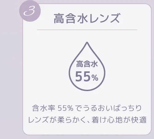 高含水レンズ 含水率55％でうるおいばっちりレンズが柔らく、つけ心地が快適
