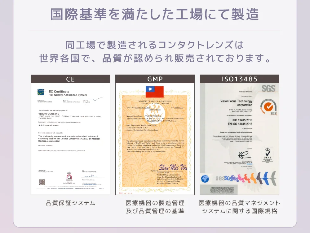 国際基準を満たした工場にて製造 同工場で製造されるコンタクトレンズは世界各国で、品質が認められ販売されております。
