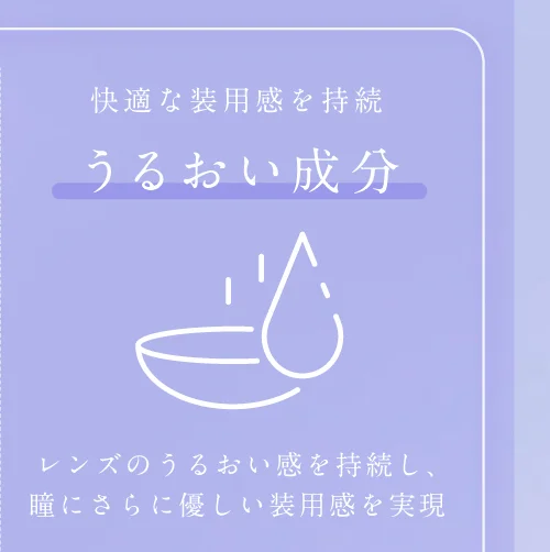 快適な装用感を持続 うるおい成分 レンズのうるおい感を持続し、瞳にさらに優しい装用感を実現