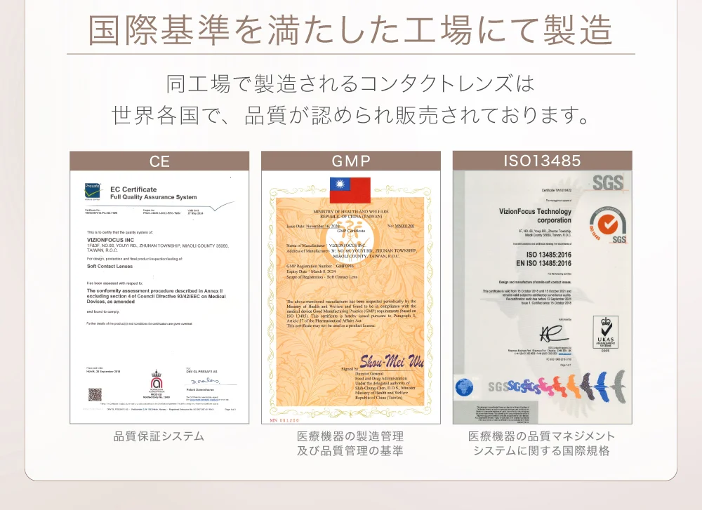 国際基準を満たした工場にて製造 同工場で製造されるコンタクトレンズは世界各国で、品質が認められ販売されております。