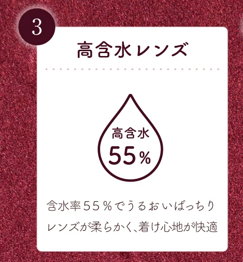 高含水レンズ 含水率55％でうるおいばっちりレンズが柔らく、つけ心地が快適