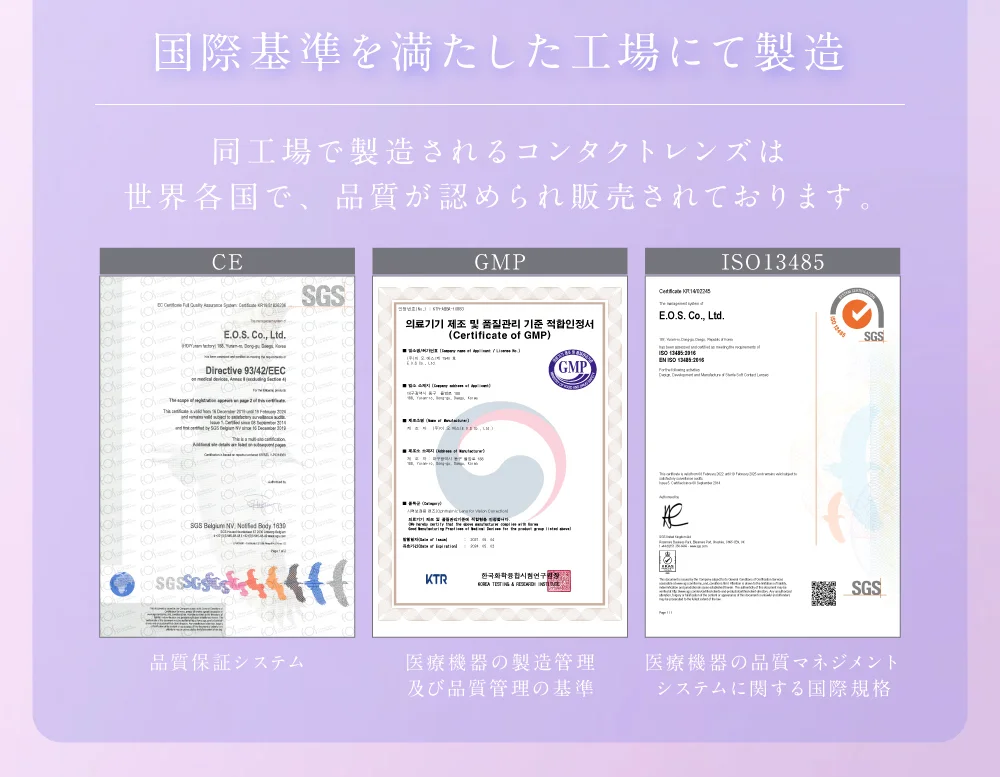 国際基準を満たした工場にて製造 同工場で製造されるコンタクトレンズは世界各国で、品質が認められ販売されております。