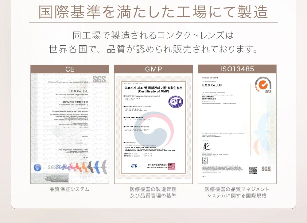 国際基準を満たした工場にて製造 同工場で製造されるコンタクトレンズは世界各国で、品質が認められ販売されております。