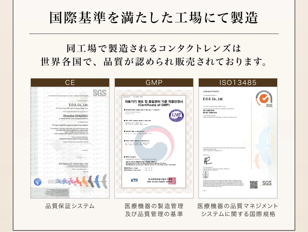 国際基準を満たした工場にて製造 同工場で製造されるコンタクトレンズは世界各国で、品質が認められ販売されております。