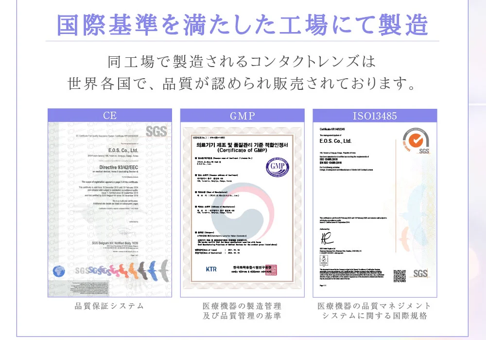 国際基準を満たした工場にて製造 同工場で製造されるコンタクトレンズは世界各国で、品質が認められ販売されております。
