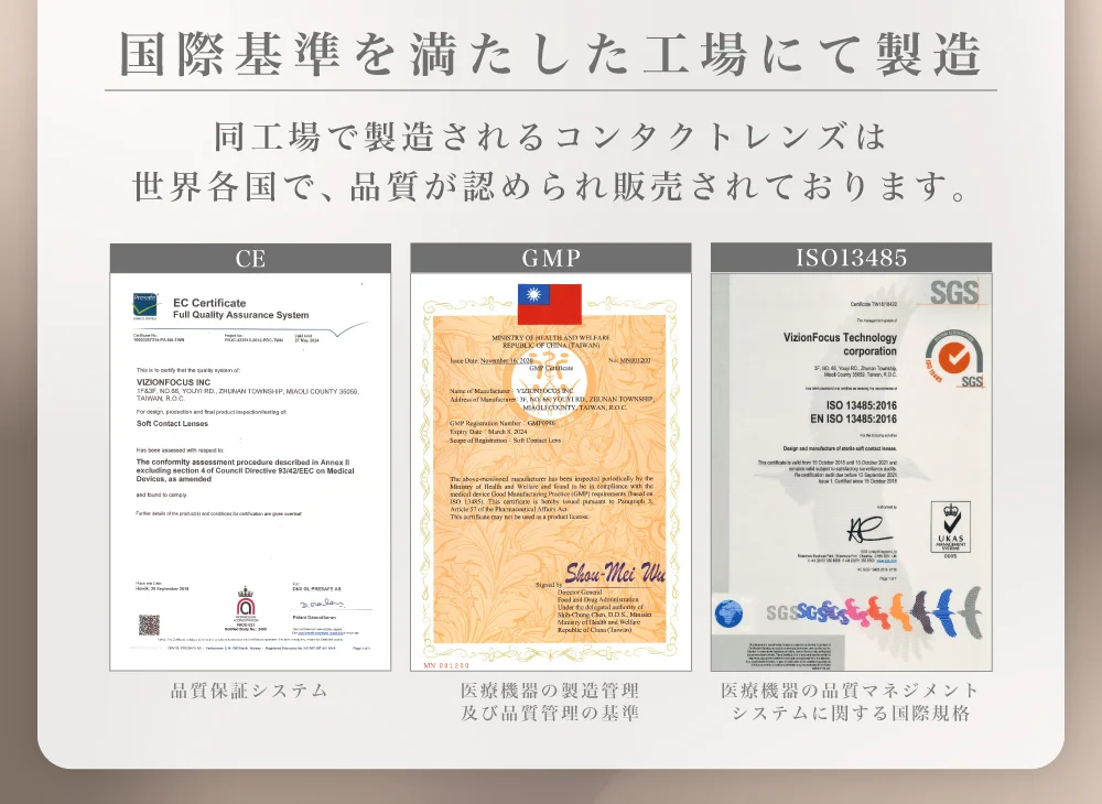 国際基準を満たした工場にて製造 同工場で製造されるコンタクトレンズは世界各国で、品質が認められ販売されております。