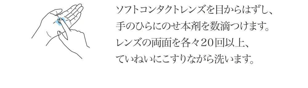 ソフトコンタクトレンズを目からはずし、手のひらにのせ本剤を数滴つけます。レンズの両面を各々20回以上、ていねいにこすりながら洗います。