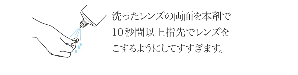 洗ったレンズの両面を本剤で10秒間以上指先でレンズをこするようにしてすすぎます。