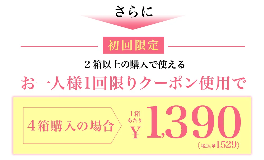 さらに初回限定2箱以上の購入で使えるお一人様1回限りクーポン使用で 4箱購入の場合1箱あたり￥1,390（税込￥1,529）